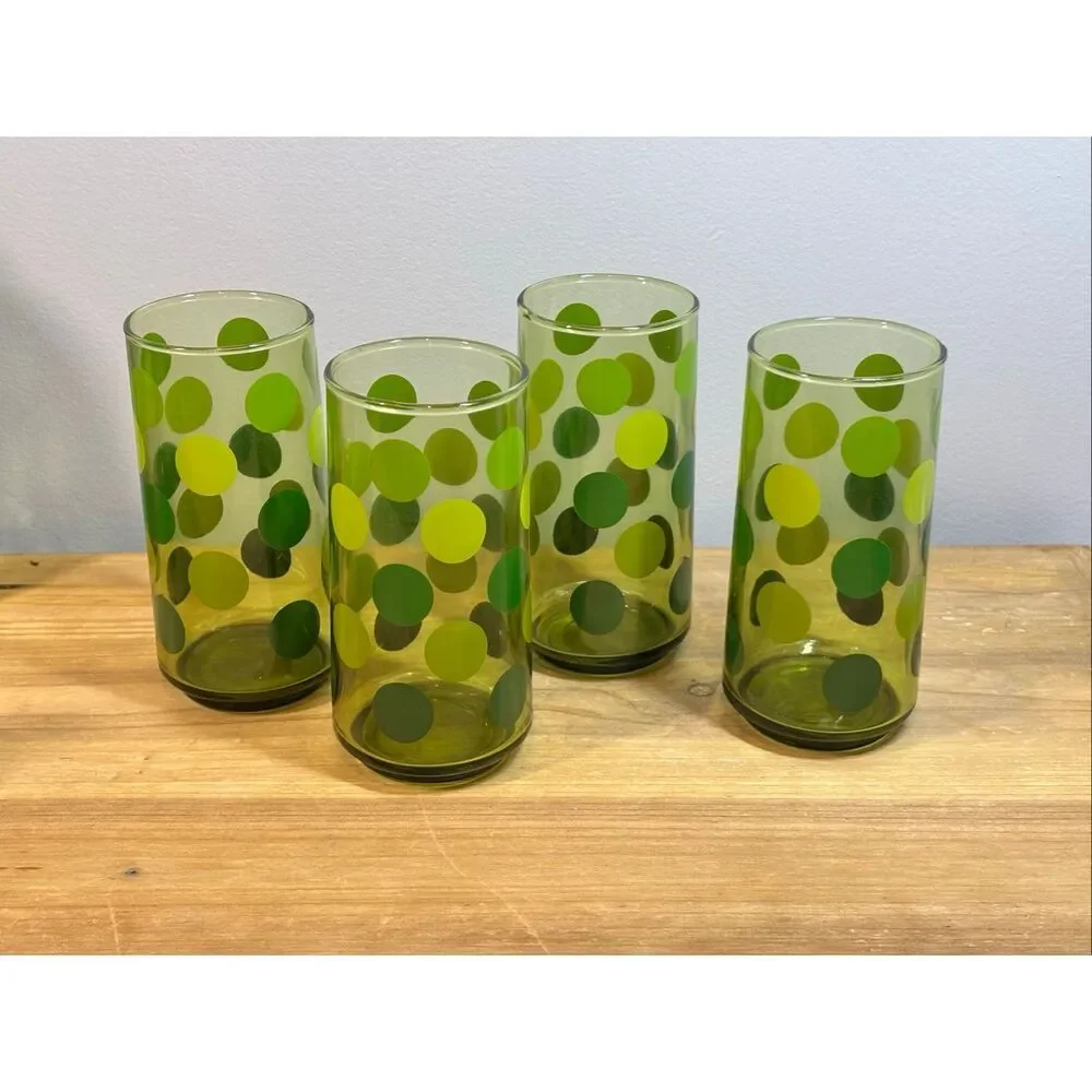 Vintage 1970s green polka dot highball glasses set of 4